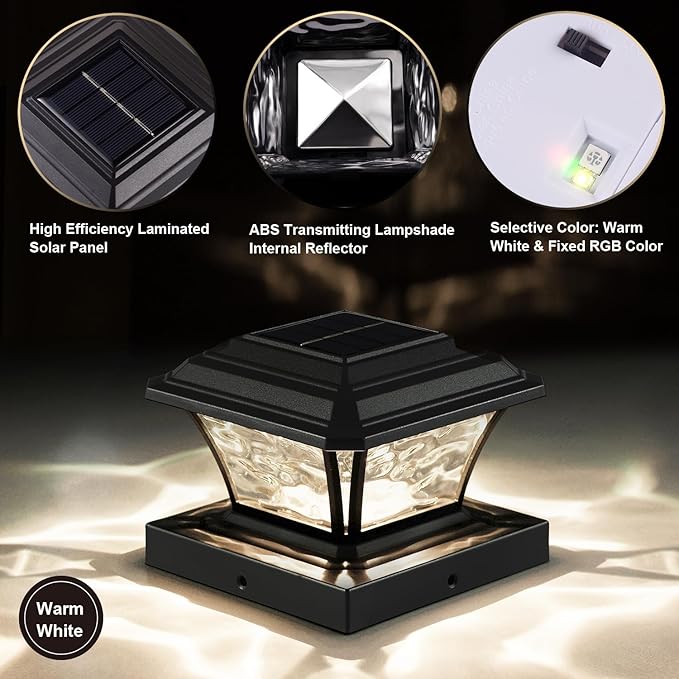 Solar Post Cap Lights Warm White/RGB Automatic Cycling/Fixed RGB Color 9 Colors to Choose 20 Lumens Fence Post Solar Lights for 3.6x3.6 4x4 4.5x4.5 5x5 Wooden/Vinyl Posts Black 2 Pack