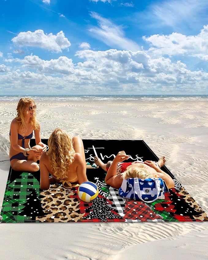 Beach Blanket Waterproof Sandproof Merry Christmas Leopard Xmas Tree Quick Drying Beach Mat with 4 Stakes Red Black Buffalo Plaid Lightweight Picnic Blanket for Travel Camping Outdoor 95x80