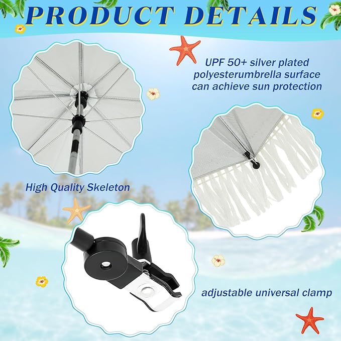 Buryeah 2 Pcs Automatic Chair Umbrella with Universal Clamp 44 UPF 50+ Portable Clamp on Beach Chair Adjustable Wheelchair Umbrella for Outdoor Patio Parasol