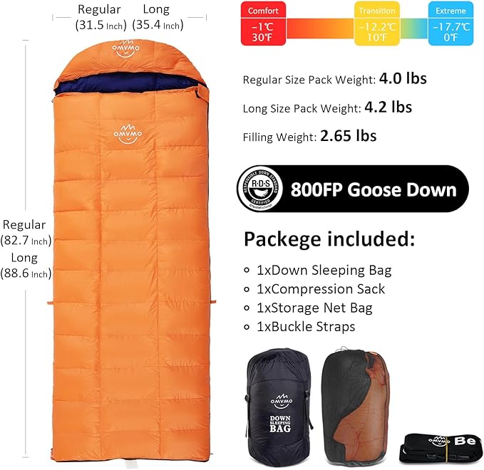 -10°F 0°F 10°F 15°F Down Sleeping Bag for Adults800/650 Fill PowerUltralight Wearable 4 Season Cold Weather Rectangle Sleeping Bag for Camping HikingCan be Used as a Down Blanket or Cloak