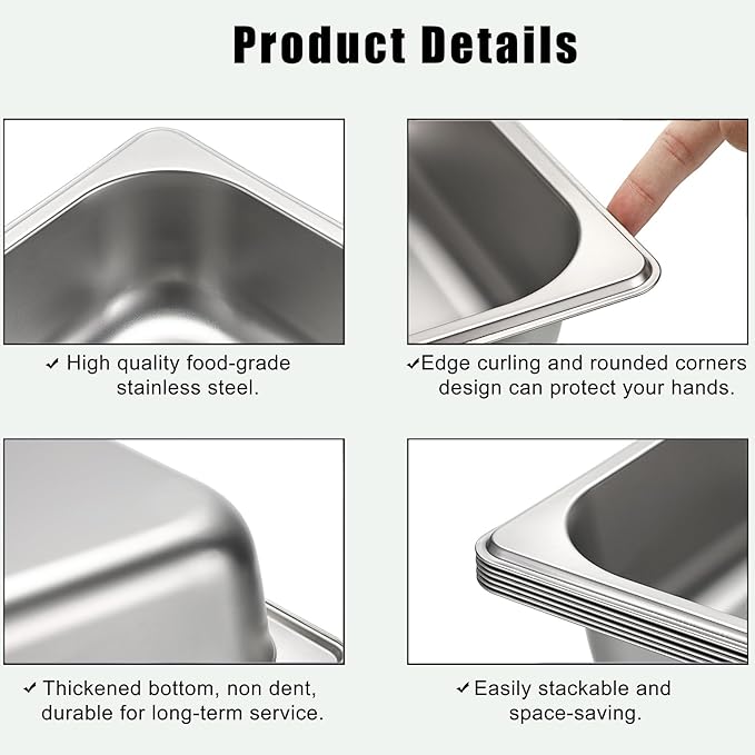 BSTKEY 6 Pack 1/2 Size Hotel Pans 2.56 Inch Deep Stainless Steel Steam Table Pan Stackable Food Warmer Trays for Buffet Commercial Food Pans for Kitchen Restaurant Catering Party Supplies