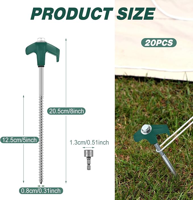 Hicarer 20 Pcs 8'' Screw in Tent Stakes Heavy Duty Ground Metal Stakes for Inflatables with Hex Head Driver for Outdoor Camping Tent Inflatable Garden Decor (Dark Green)