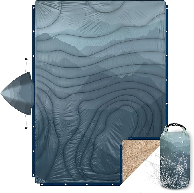 Outdoor Camping Blanket with Sherpa Lining Extra Warm Thick Camp Blankets and Puffy Ultralight Soft Poncho DWR Camping Quilt for Cold Weather Adventure Sleeping Backpacking 78x 56