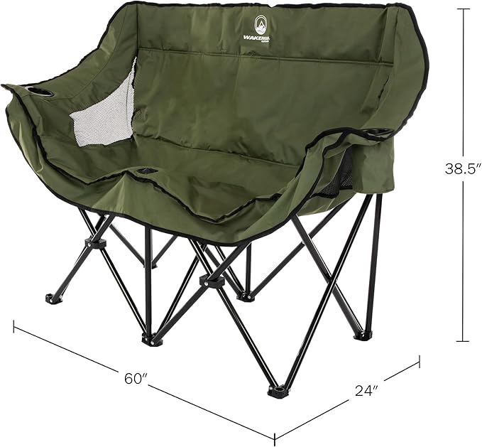 Double Camping Chair - Foldable Portable Couch with 2 Cupholders and Padded Seats - Two-Person Camp Chair with Carrying Bag by Wakeman Outdoor (Olive)