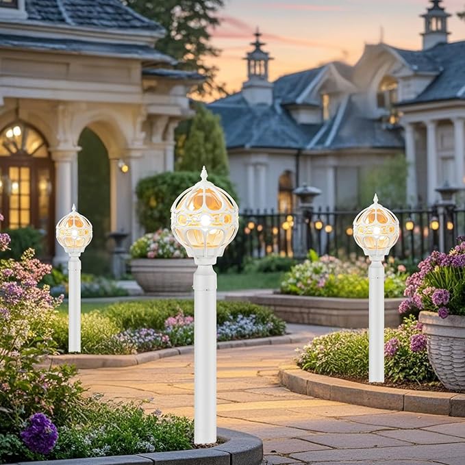 2 Pack Outdoor Globe Lamp Post Light Fixtures 15.8 Green Sphere Post Top Lantern for Patio Porch Driveway Hardwired Anti-Rust Aluminum Pillar Light with Amber Glass Fits Standard 3 Post