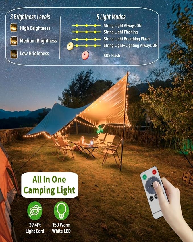 Solar Camping String Lights 39.4 FT Fairy String Light 4 in 1 Portable Waterproof Camp Lamp with 8 Lighting Modes Hanging Rechargeable Tent Lantern for Christmas Decorations Patio Party Essentials