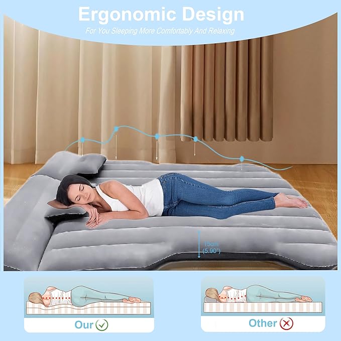 Car Air Mattress - Camping Bed Inflatable Airmattress for Tesla Model Y Backseat Trunk 6.4FT Foldable Pad Portable Car Air Bed Sleeping Mat for SUV RV VAN Truck Travel Tent Road Trip Home (Grey)