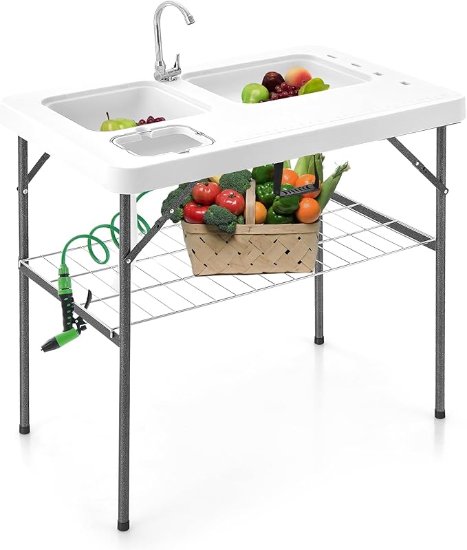 Goplus 40'' Folding Fish Cleaning Table with Dual Water Basins Faucet Drainage Hose &amp Sprayer Portable Camping Sink Table Outdoor Fish Fillet Cleaning Station with Grid Rack for Picnic