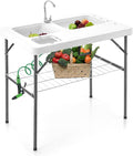 Goplus 40'' Folding Fish Cleaning Table with Dual Water Basins Faucet Drainage Hose &amp Sprayer Portable Camping Sink Table Outdoor Fish Fillet Cleaning Station with Grid Rack for Picnic