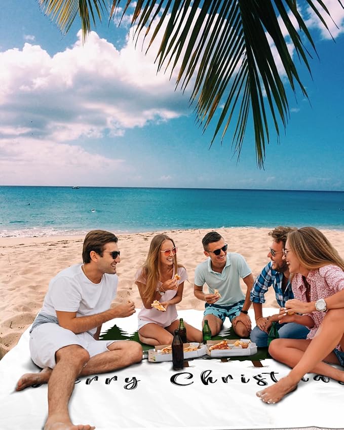 Beach Blanket Waterproof Sandproof OversizedMerry Christmas Trees Black Checker Beach Mat with Corner Stakes Sand PocketsWinter Tree Shadow on White Outdoor Picnic Mat for Travel Camping 83x79In