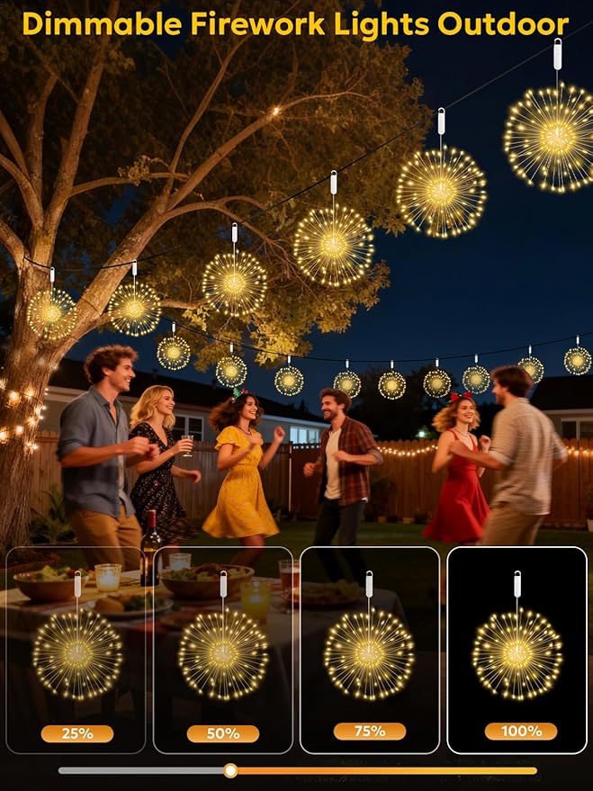 FOOING 8 Pack Firework Lights LED Hanging Christmas Lights 8 Modes USB Rechargeable Battery Operated Fairy Light with Remote Twinkle Star String Lights for Party Christmas Decoration Outdoor Indoor