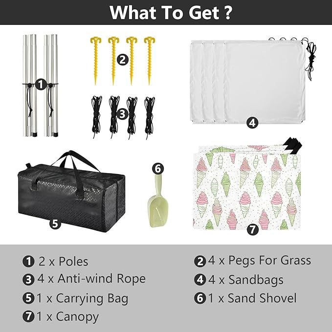 ALAZA Icecream Polka Dots Beach Tent Sun Shelter UPF50+ Protection Beach Shade Canopy w/ 4 Sandbags for Outdoor Camping Fishing Backyard Fun Picnic 10x9 ft