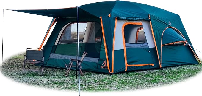 KTT Extra Large Tent 8-10-12 PersonFamily Cabin Tents2 Rooms3 Doors and 3 Windows with MeshStraight WallWaterproofDouble LayerBig Tents for OutdoorPicnicCampingFamily Gathering