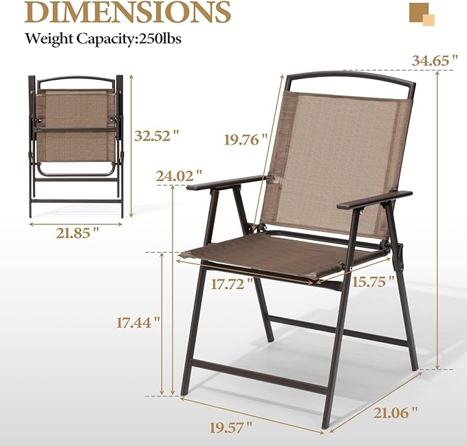 Crestlive Products Set of 4 Patio Folding Chairs 4-Pack Dining Chairs Outdoor Portable Sling with Armrest for Camping Beach Garden Pool Backyard Deck (Brown)