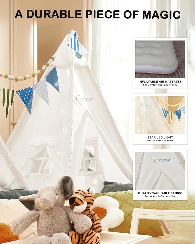 Teepee Tent for Kids with Inflatable Airbed String Lights Balloons Pump Washable Slumber Party Tent Indoor Outdoor for Girls Boys Children Tipi Playhouse for Playtime and Sleepover
