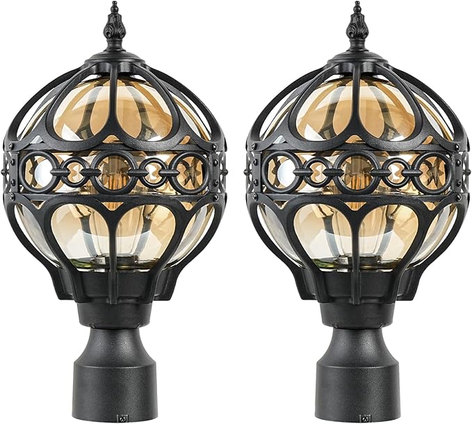 2 Pack Outdoor Globe Lamp Post Light Fixtures 15.8 Black Sphere Post Top Lantern for Patio Porch Driveway Hardwired Anti-Rust Aluminum Pillar Light with Amber Glass Fits Standard 3 Post