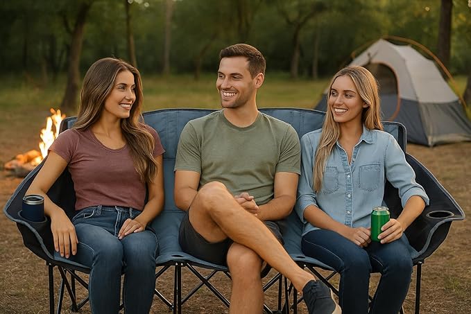 GoTEAM! Portable Folding Bench Couch – 3 Seat Collapsible Outdoor Chair with Cup Holders &amp Carry Bag – Heavy Duty 600D Nylon for Camping Sports Tailgating Beach &amp Backyard (Black/Gray)