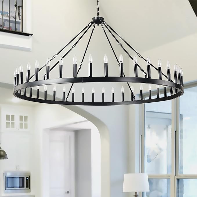 64 Inch Black Extra Large Wagon Wheel Chandelier 42-Lights Farmhouse Industrial Round High Ceiling Pendant Light Adjustable Chain for Dining Room Living Room