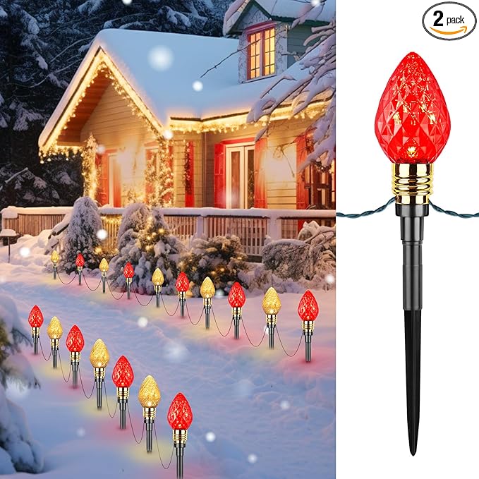 Brightown 2 Pack Strawberry C9 Christmas Pathway Lights Outdoor - Total 34.8 Feet 20 LED Christmas Walkway Lights Christma LightsOutdoor Decorations for Yard Lawn Holiday Outside Red &amp Warm Whit