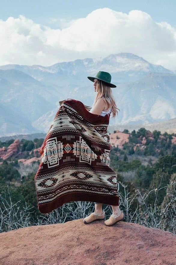 Inca Aztec Throw Queen King Blanket | Southwest Indian Navajo Boho Style | Native Cover for Camping Bedding Couch Vanlife | Faux Alpaca Lightweight Hypoallergenic (Vinincunca Maroon Throw)