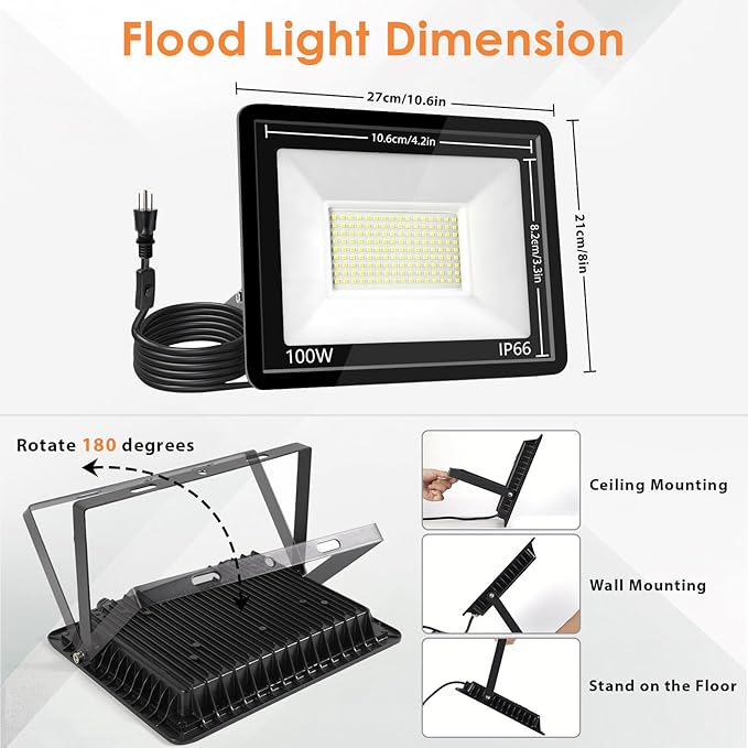 100W LED Flood Light Outdoor 14000LM Super Bright IP66 Weatherproof Plug-in Security Light with Switch and 6.56FT Wire for Garage Backyard Stadium 2Pack