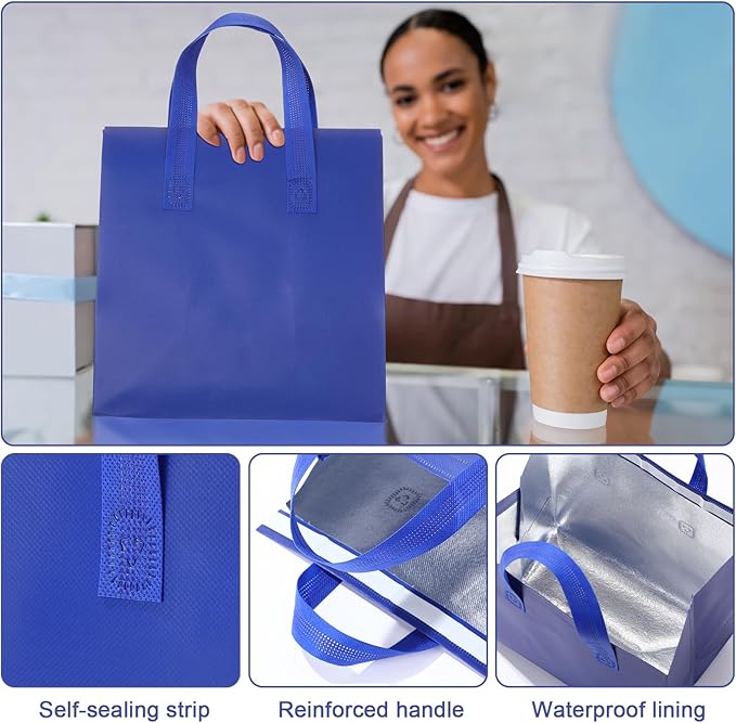 300 Pack Insulated Bags Bulk for Food Delivery 9.5 x 9.5 x 6 Thermal Take Away Bag for Hot Cold Food Coffee Milk Pizza Seafood Disposable Grocery Bag for Catering Restaurant(BlueBlack)