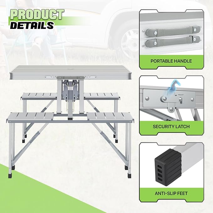 Magshion Folding Picnic Table with 4 Seats Portable Camping Table with Adjustable Height Umbrella Hole Easy Setup for Outdoor Tailgating &amp Travel Silver