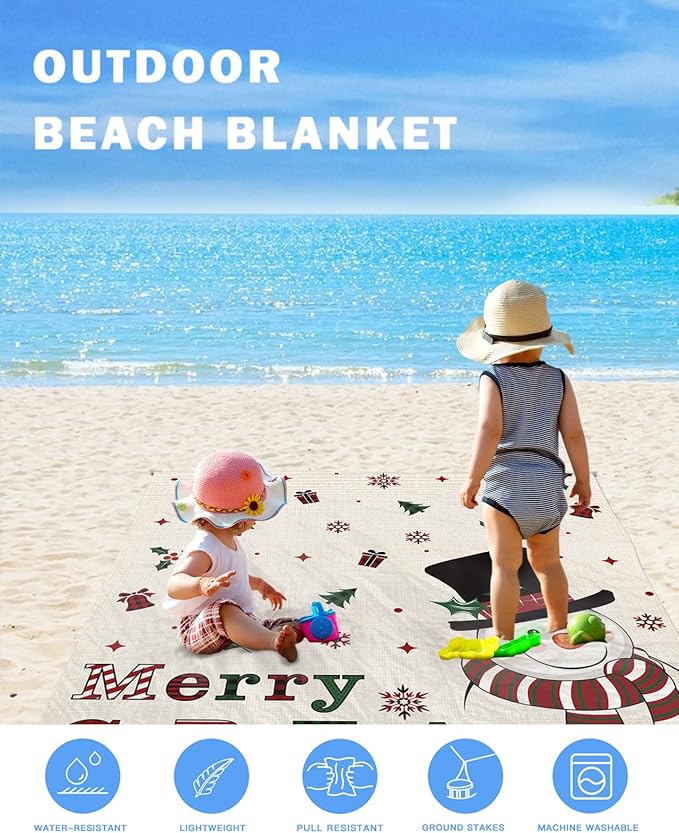 Beach Blanket Waterproof Sandproof OversizedMerry Christmas Snowman Winter Snow Beach Mat with Corner Stakes Sand PocketsBells Berries Seamless Outdoor Picnic Mat for Travel Camping Hiking 95x80In