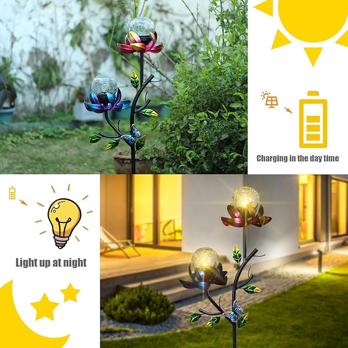 VCUTEKA Solar Garden Flowers with LED Light Crackle Glass Globe Solar Lights Outdoor Metal Stake Wind Spinner for Garden Decoration Patio Decor Yard Decor and Gift for Mother