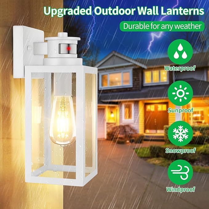 2-Pack Motion Sensor Outdoor Wall Lantern Dusk to Dawn Exterior Light Fixtures Wall Mount White Outside Light for House Waterproof Outside Lantern Sconces Anti-Rust Porch Lighting with Clear Glass