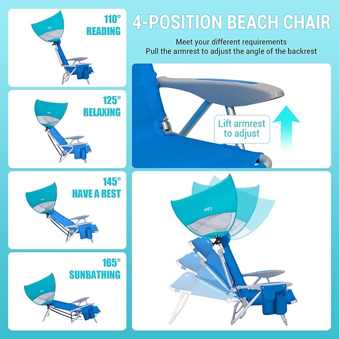 #WEJOY Beach Chair with Canopy Shade Reclining Adjustable 4 Position Lay Flat Lightweight Folding Portable Aluminum Chair with Backpack StrapsPadded headrest Heavy Duty 400lbs Lawn Chair for Beach