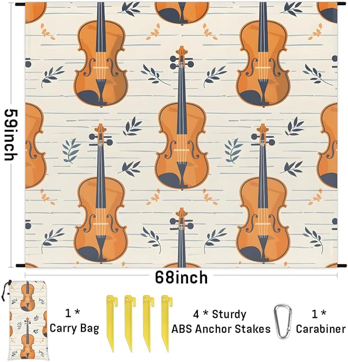 Waterproof Sandproof Beach Blanket 59''×68'' Violins Polyester Outdoor Picnic Blanket with 4 Stakes &amp Storage Bag for BeachCampingVacation Straw-Yellow