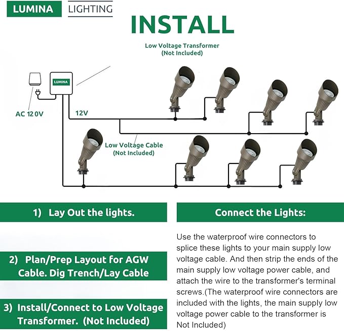 Lumina Lighting® 4W Landscape lighting 12V Landscape Lights Low Voltage Landscape Spotlights Warm White Waterproof Outdoor Replaceable LED Bulb for Garden Lawn Porch Patio and Yard (Bronze 6-Pack)