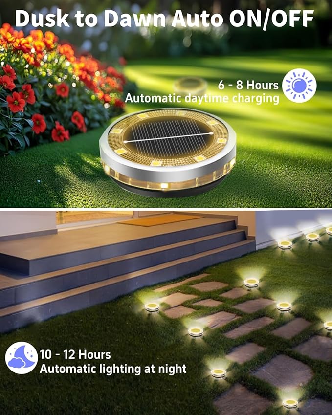 Solar Ground Lights Outdoor 12 Pack Waterproof Upgraded Solar Garden Lights with 4 Side Light Stainless Steel Solar Powered Disc Landscape Light for Walkway Pathway Lawn Yard Patio Deck-Warm White