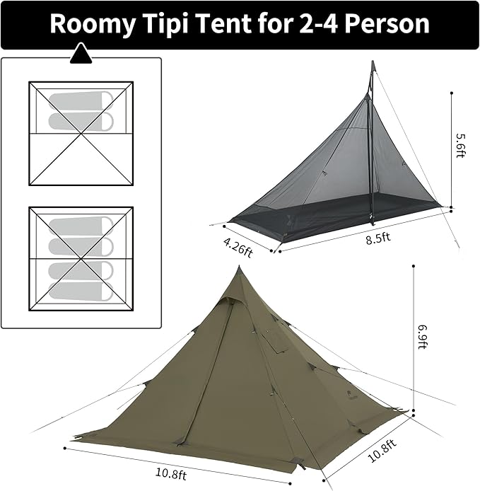 Naturehike Ranch Fire 4 Season Teepee Tent 2 Person Hot Tent with Stove Jack Windproof Waterproof Cold Weather Winter Tents for Camping
