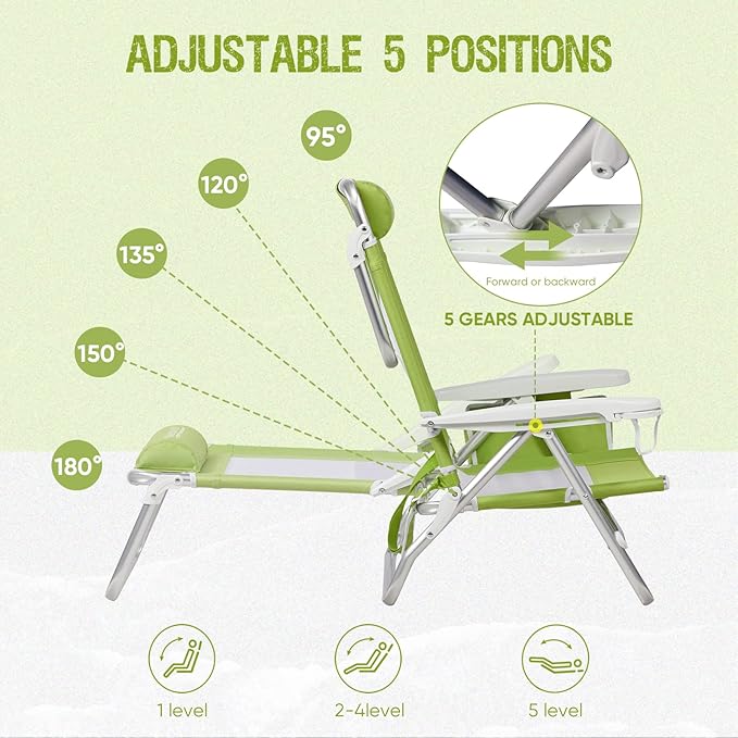 Old Bahama Bay Reclining Beach Chair Backpack 5-Position Lay Flat Lounge Chair for Adults Heavy Duty Portable Folding Lightweight with Cooler Bag Camping Chair for Sand Outdoor