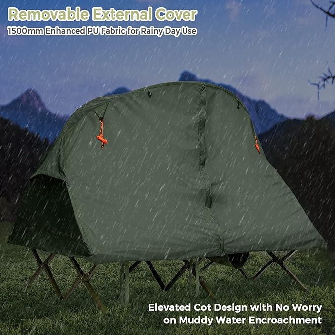 Tangkula 2-Person Tent Cot 4-in-1 Folding Tent with Waterproof Rainfly Self-Inflating Mattress &amp Roller Carrying Bag Portable Off Ground Elevated Tent with Shoe Storage Pocket &amp Lamp Hook