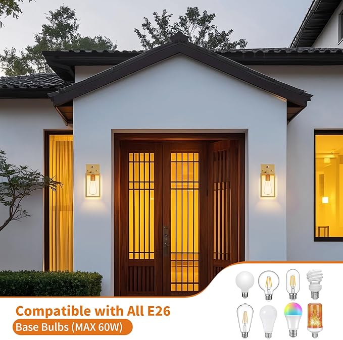 2 Pack Gold Dusk to Dawn Outdoor Front Porch Light Fixtures Wall Mount Sensor Exterior Lantern Lamp Outside Lights for House Waterproof Wall Sconce Anti Rust Coach Light for Garage Entryway