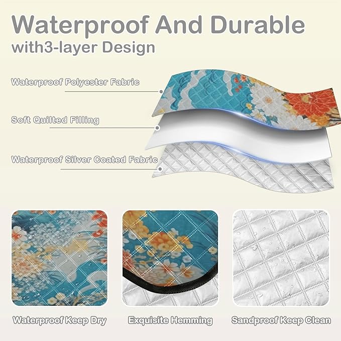 Japanese Foral Camping BlanketLightweight Waterproof Sandproof Beach Blanket Foldable Blankets for Outdoors Travel Picnics Beach 78 x 78 Inches