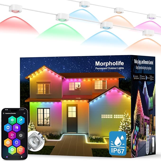 Permanent Outdoor Lights - 100FT Smart AI RGB+IC LED with 72 Lights IP67 Waterproof 75+ Scene Modes Alexa/Google/Remote Control Enabled DIY Music Sync for Christmas Holiday &amp Home Decor Whit