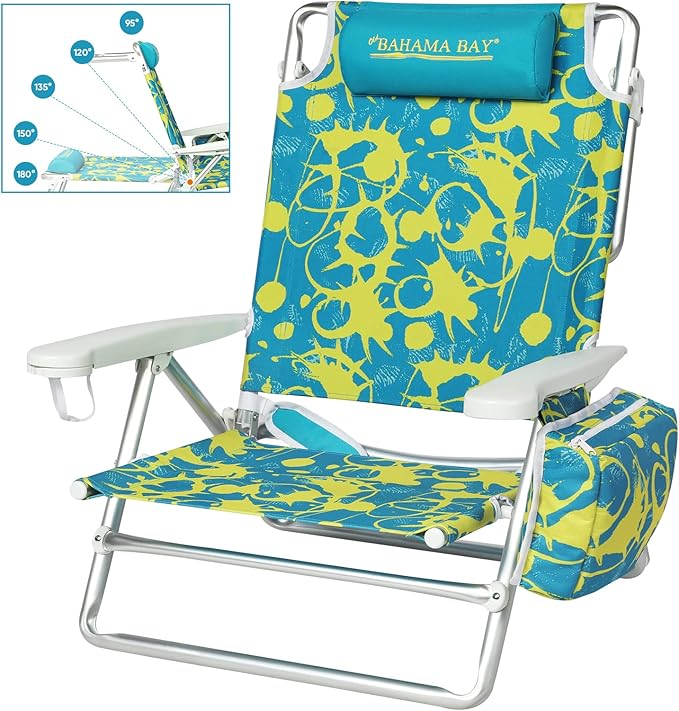 Old Bahama Bay Backpack Beach Chair Aluminum Lightweight Reclining 5-Position Lounge Chair for Adults Heavy Duty Support 400 LBS Portable Folding with Cooler Bag Camping Chair for Sand Outdoor