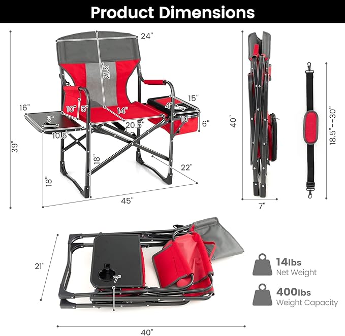 Tangkula Camping Chairs Folding Camp Chair with Side Table Cooler Bag Portable Outside Padded Lawn Chair for Travel Picnic Fishing Heavy Duty Oversized Director Chair for Adults Supports 400lbs