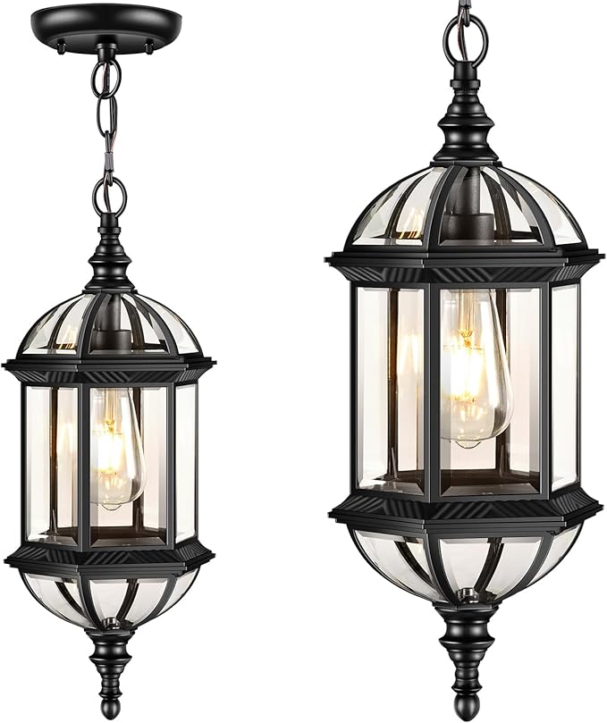 VIANIS 20 Large Outdoor Pendant Light Black Outdoor Chandelier for Porch with Tempered Beveled Glass 1-Light Adjustable Outdoor Chandelier for Entryway Gazebo Anti-Rust 100% Aluminum