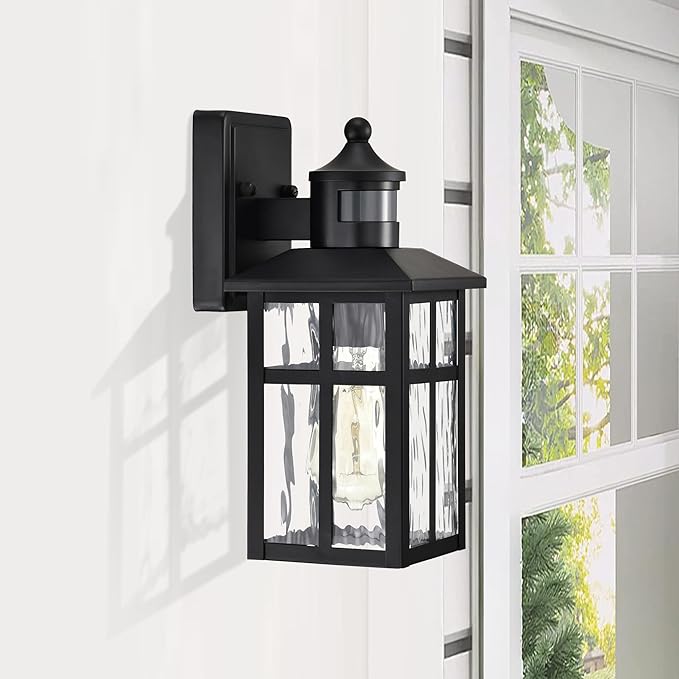 Edvivi Motion Sensor Porch Lights Outdoor Dusk to Dawn Outdoor Lighting Wall Sconces with Water Glass Matte Black Wall Mounted Lantern Light Wet Rated Exterior Lighting Fixtures for House 2-Pack