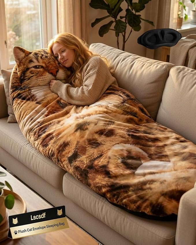2026 New Fluffy Cat Sleeping Bag for Human Adult Soft Sleepover Bag Cat Envelope Sleep Bags Adult-Size Wearable Washable Warm Blanket for CampingTravel and Home Lounging