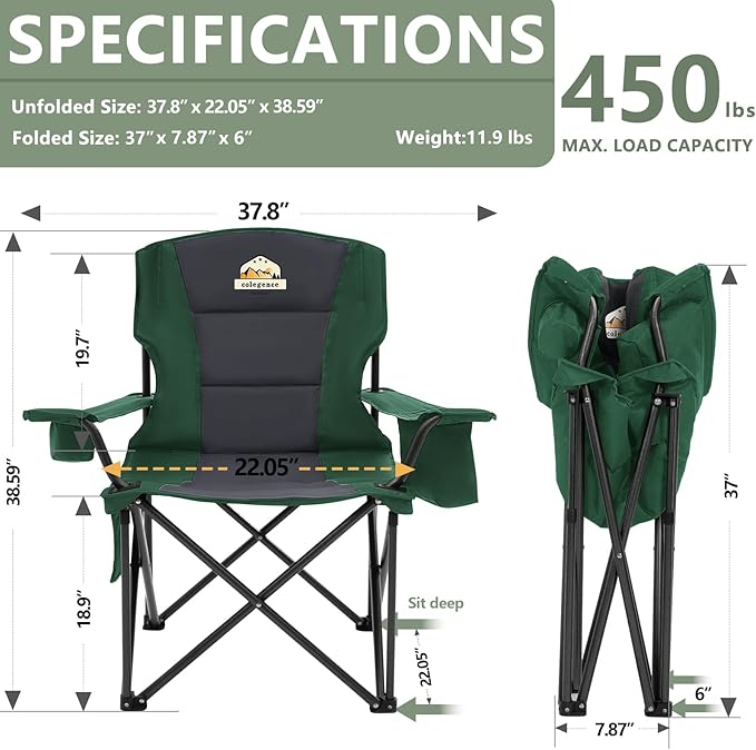 Oversized Folding Camping Chairs - 450 LBS Support Heavy Duty Camp Chair with Padded Cushion Portable Outside Chairs with Carry BagCooler Cup Holder for Outdoor Lawn Sports - Green
