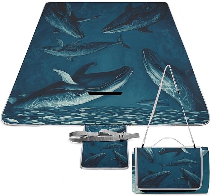 Ocean Whale Beach BlanketPortable Waterproof Picnic Blanket58.3''x 58.3'' Extra Large Picnic Mat for BeachCamping Grass Lawn Park Accessorie for Festival BBQ