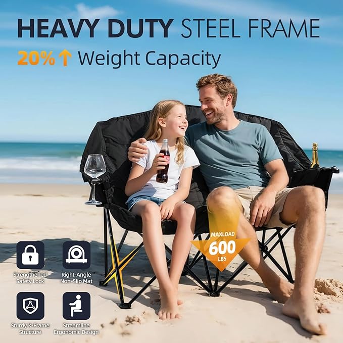 Double Camping Chair Padded Loveseat Chair for 2 Person - Heavy Duty Oversized Camping Couch for Adults Outdoor Sports Lawn Beach Portable Folding XL Chairs with Cup Holders and Carry Bag All Black