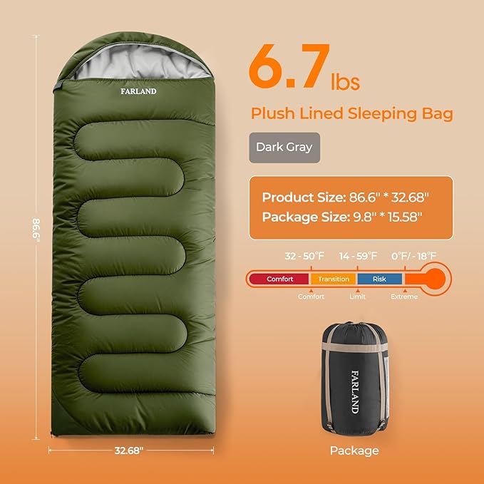 FARLAND Sleeping Bag for Adults Cold Weather &amp Warm Plush Fleece-Lined Interior - Portable Waterproof Windproof with Compression Sack for Camping Hiking Traveling Indoor &amp Outdoor