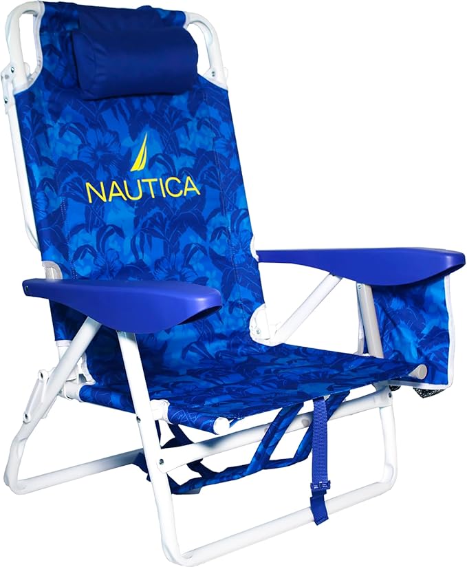 Nautica - Beach Chair Five Position Backpack Chair Portable &amp Adjustable with Padded Pillow and Cup Holders (Hibiscus Jungle)